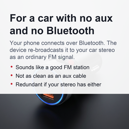 Bluetooth 5.1 FM Transmitter for Cars Without Aux - 12V Car Charger, USB-C PD 20W + USB-A QC3.0 18W