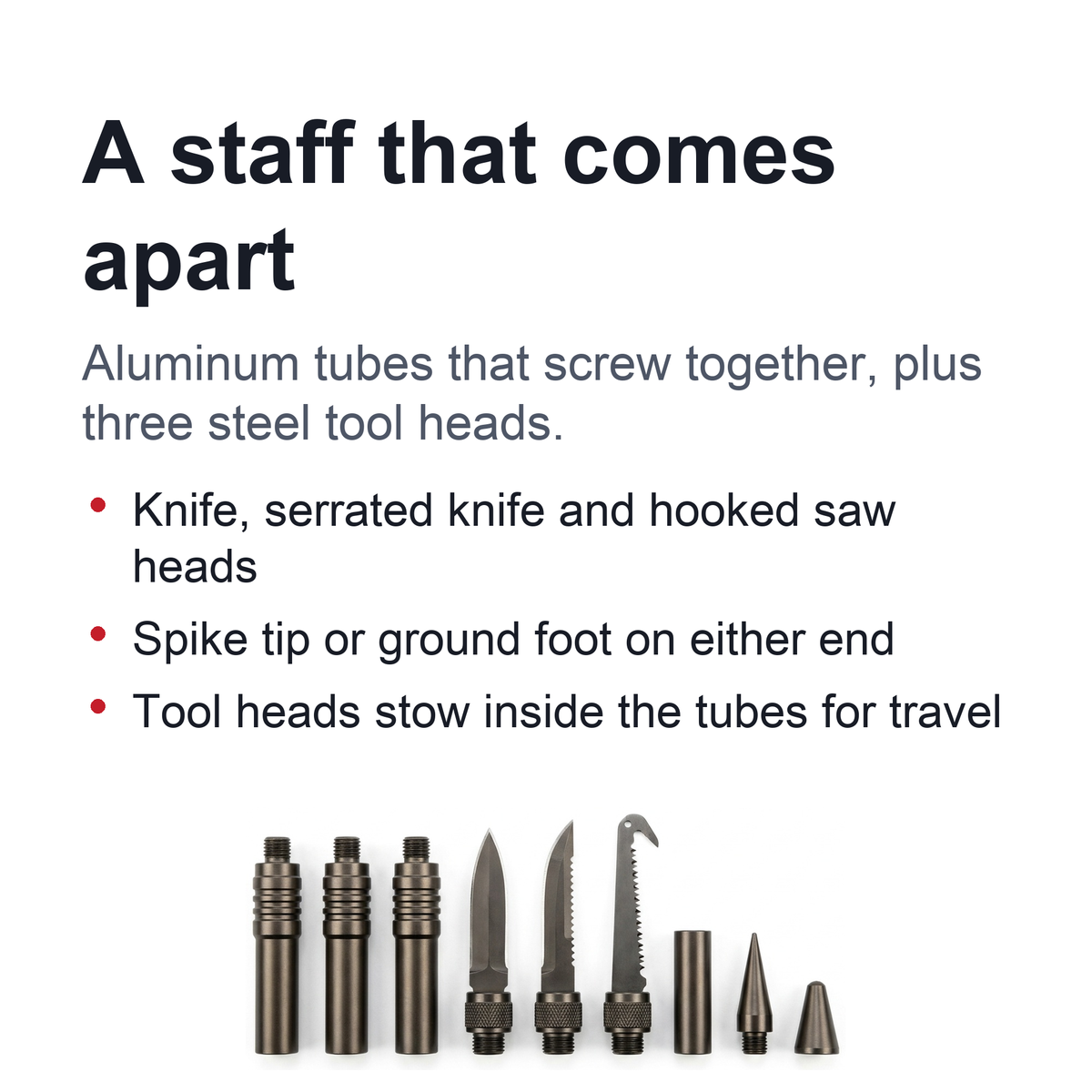 Screw-Together Trekking Staff with Camp Tool Heads – 3 to 6 Aluminum Tubes