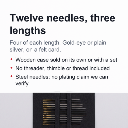 Self-Threading Needles - 12 Slit-Eye Hand Sewing Needles, Gold-Eye or Silver, Optional Wooden Case