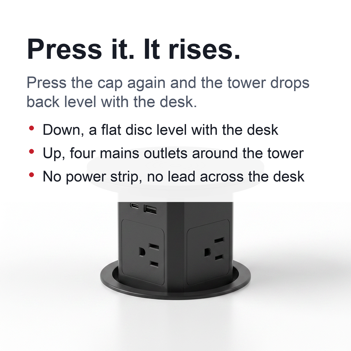 Automatic Pop-Up Desk Socket Tower – Hidden Power Hub with USB-C, Wireless Charging & Global Plug Support