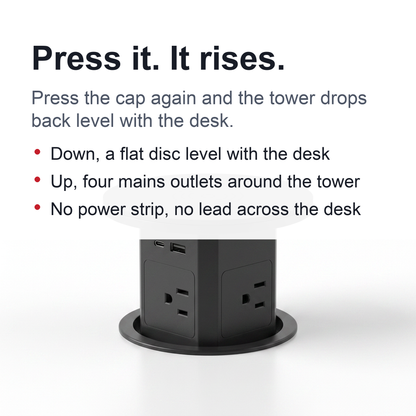 Automatic Pop-Up Desk Socket Tower – Hidden Power Hub with USB-C, Wireless Charging & Global Plug Support
