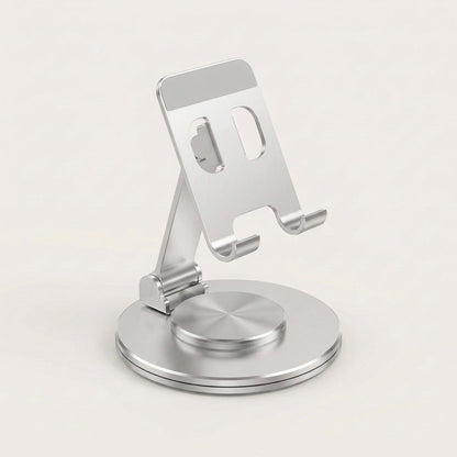 360° Swivel Phone Stand — Folding Metal Desk Holder with Rotating Base, Adjustable Height and Tilt