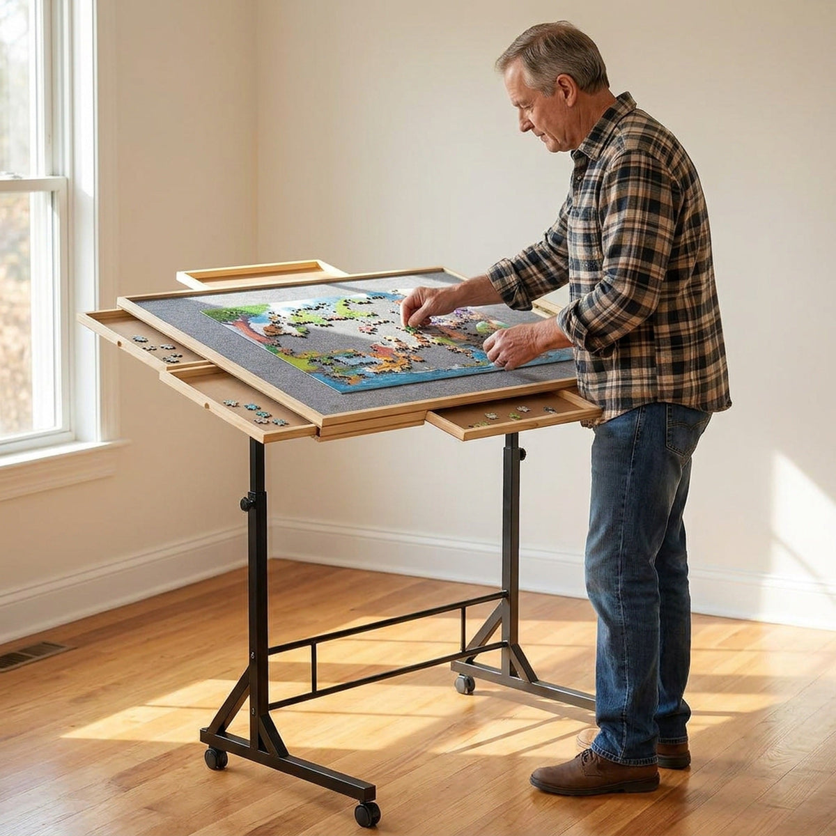 Tilting Wooden Puzzle Table with 4 Drawers - Height-Adjustable Rolling Jigsaw Board with Felt Top and Clear Cover, for Puzzles up to 1500 Pieces