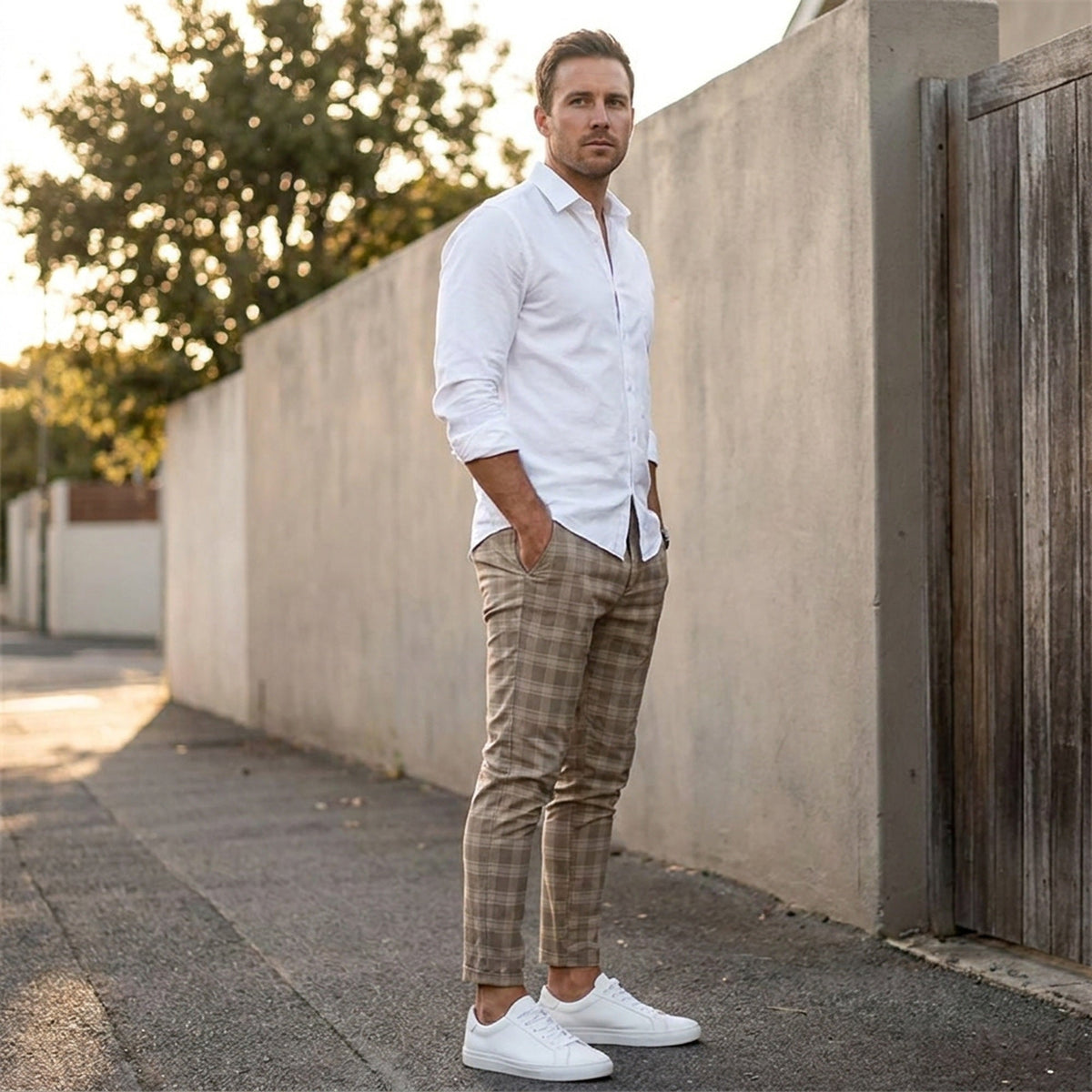 Men's Slim-Fit Plaid Trousers - Tapered Ankle-Length Check Pants