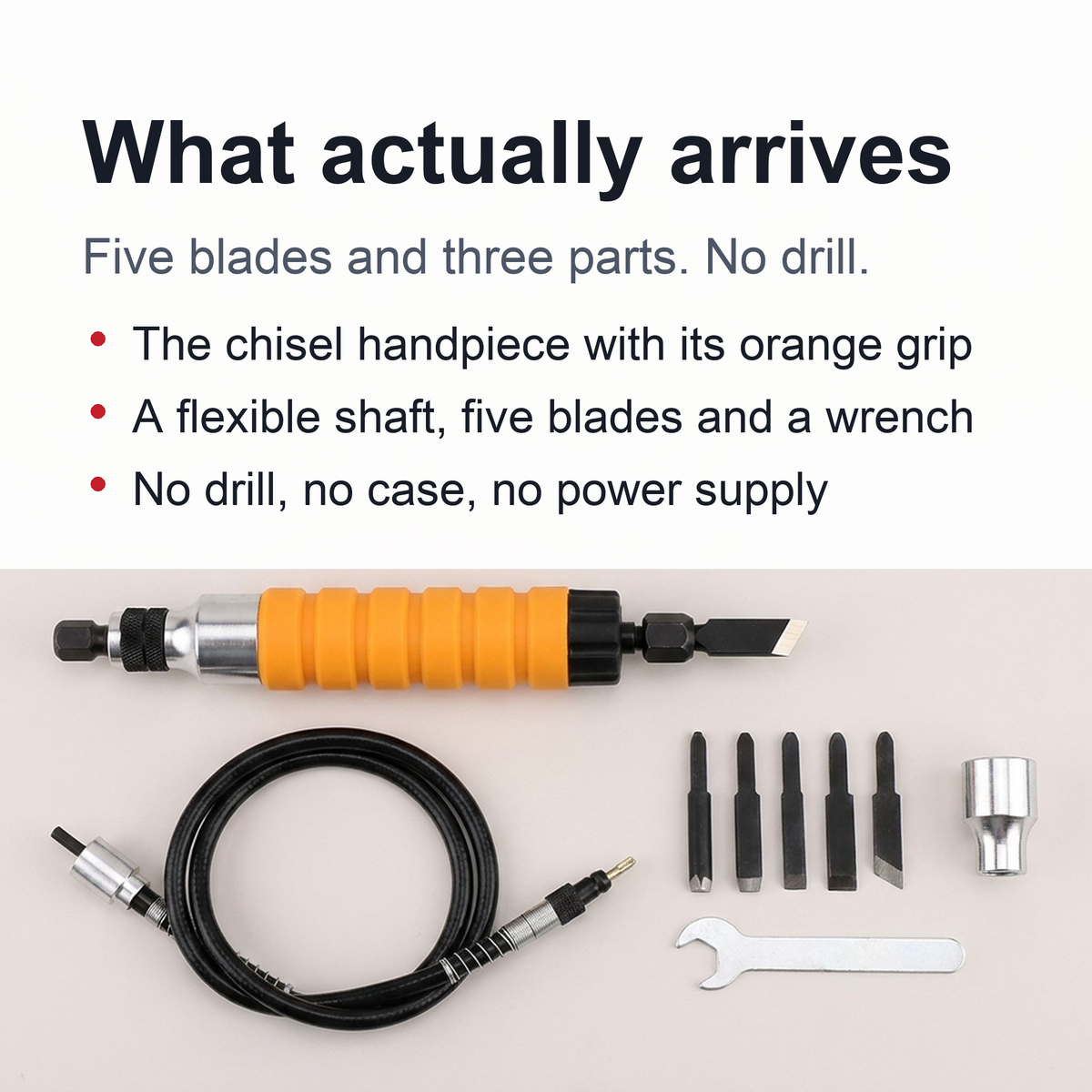 Power Wood Carving Tool – Drill-Powered Chisel Carver with Flexible Shaft, 5 Blades and Wrench (Drill Not Included)