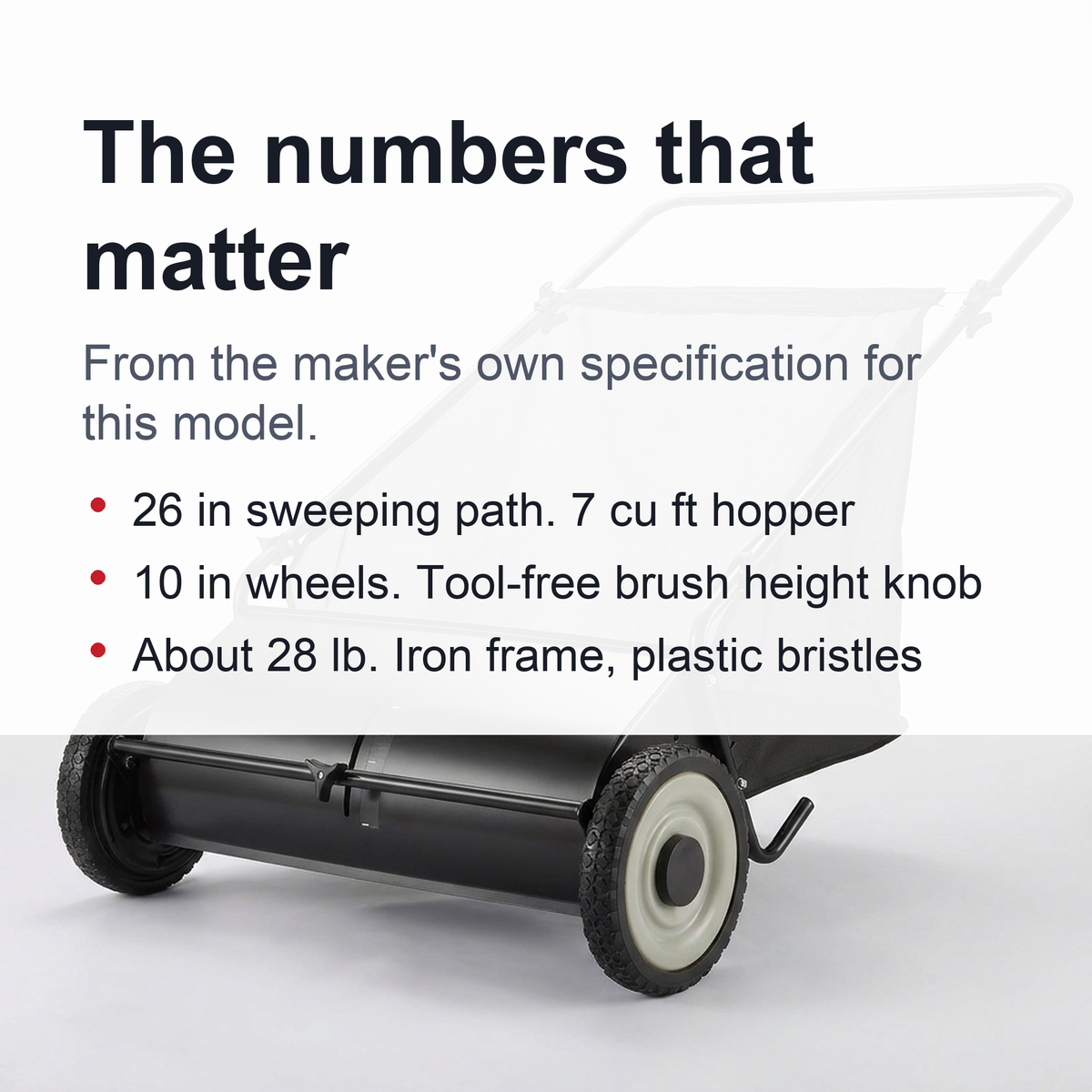 Push Lawn Sweeper - 26 in Sweeping Path, 7 cu ft Mesh Hopper, Four Spinning Brushes, No Fuel or Cord