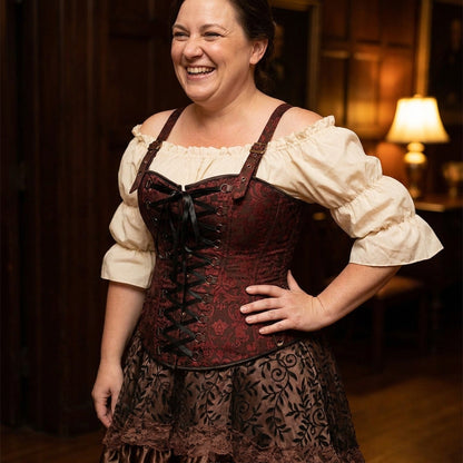 Women’s Pirate Corset Dress – Plus Size Brown Faux Leather Steampunk Costume with Off-Shoulder Blouse for Halloween Party Cosplay