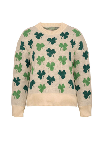 Women's Lucky Four-Leaf Clover Knit Sweater - Green & White Floral Pattern, Cozy Polyester Pullover for Casual Wear, Round Neck, Long Sleeve, 100% Polyester, Perfect for Spring & Fall, Ladies Sweaters