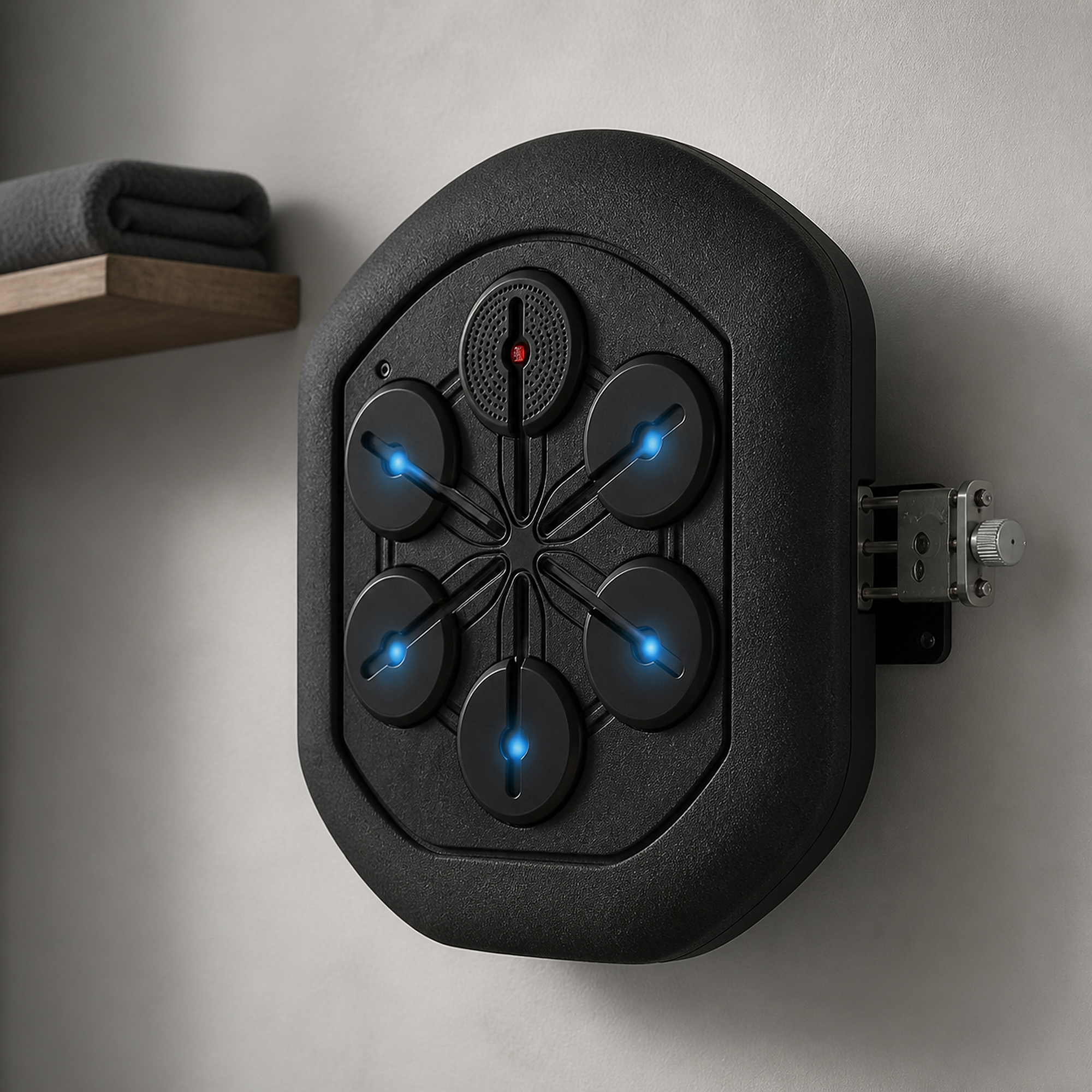 Close view of the five light-up targets, speaker, controls, and side mount