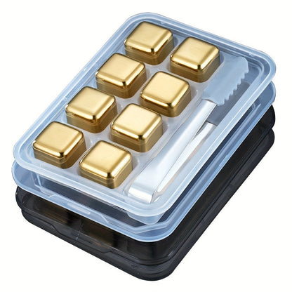 Golden Stainless Steel Whiskey Stones Set – Reusable Metal Ice Cubes with Tongs for Bourbon, Cocktail & Bar Gifts