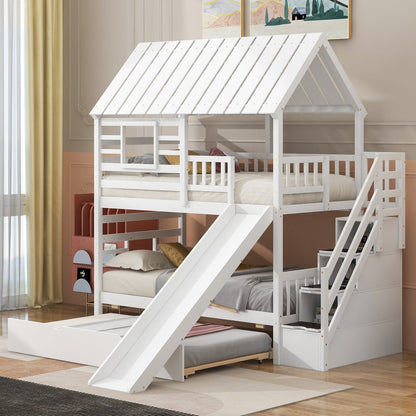 Twin over Twin House Bunk Bed with Roof and Window Design, Trundle, Slide, and Storage Staircase