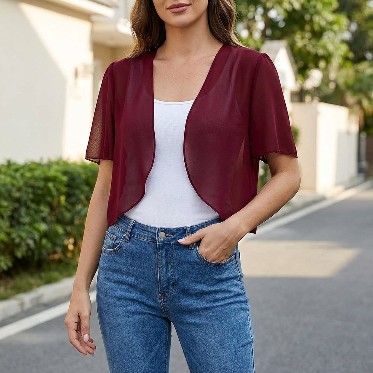Women's Chiffon Cardigan – Sheer Short-Sleeve Bolero Shrug, Open Front Cropped Cardigan for Summer Dresses & Beach Cover-Ups