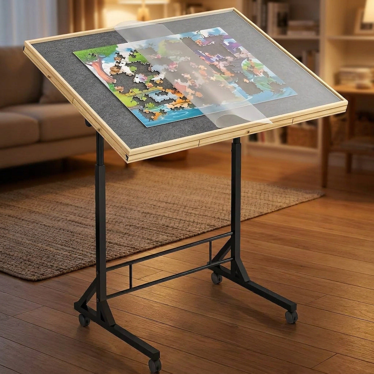 Tilting Wooden Puzzle Table with 4 Drawers - Height-Adjustable Rolling Jigsaw Board with Felt Top and Clear Cover, for Puzzles up to 1500 Pieces