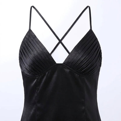 Backless Satin Slip Dress – Sexy Spaghetti Strap V-Neck Bodycon Maxi – High Slit Party Dress