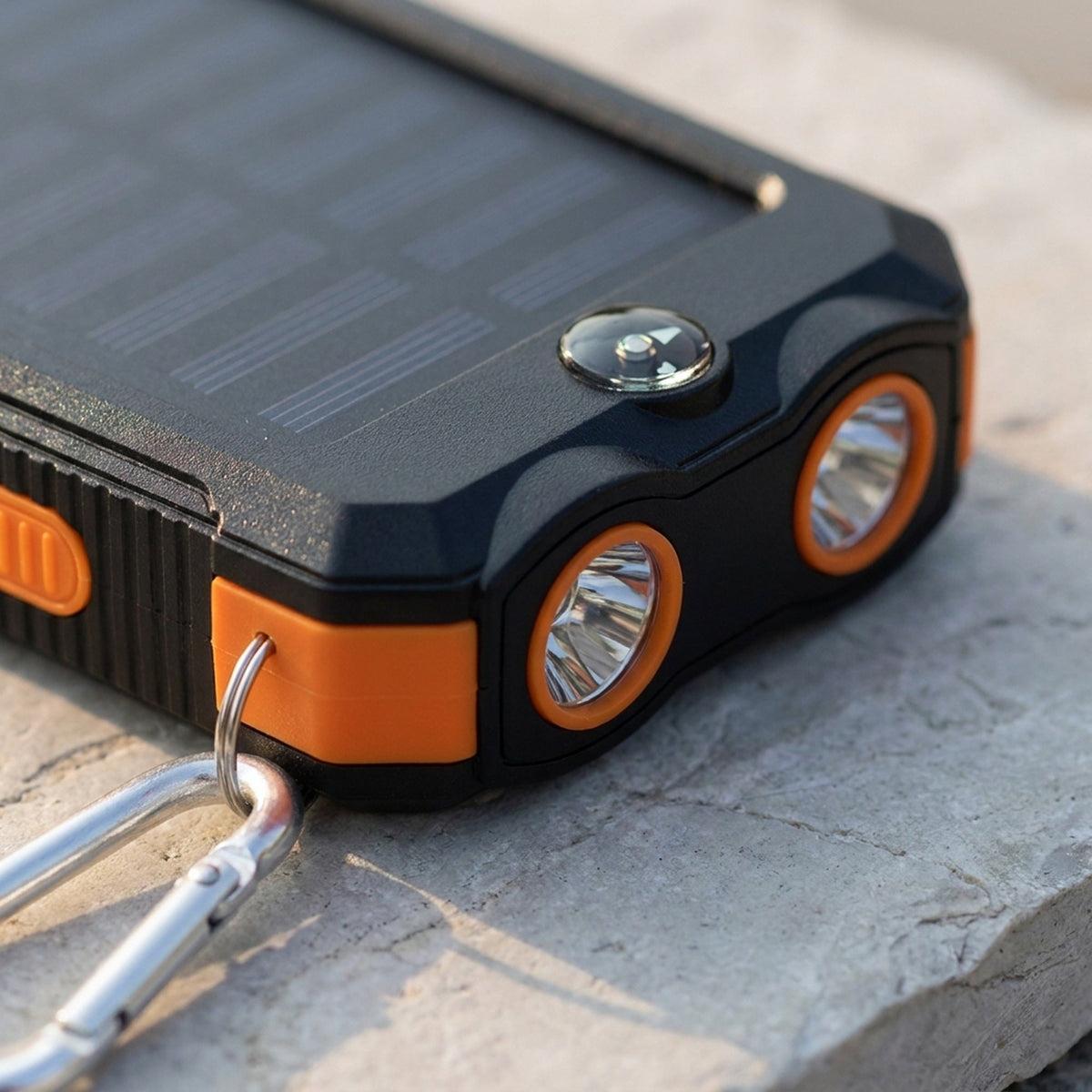 Solar Power Bank with Dual LED Light and Carabiner - USB-Charged Pocket Battery, Solar Panel for Emergency Top-Ups