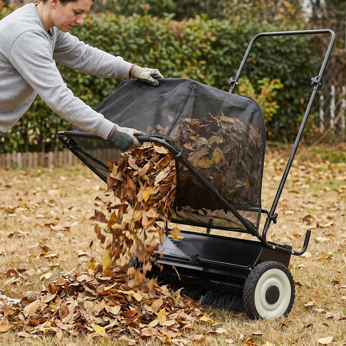 Push Lawn Sweeper - 26 in Sweeping Path, 7 cu ft Mesh Hopper, Four Spinning Brushes, No Fuel or Cord