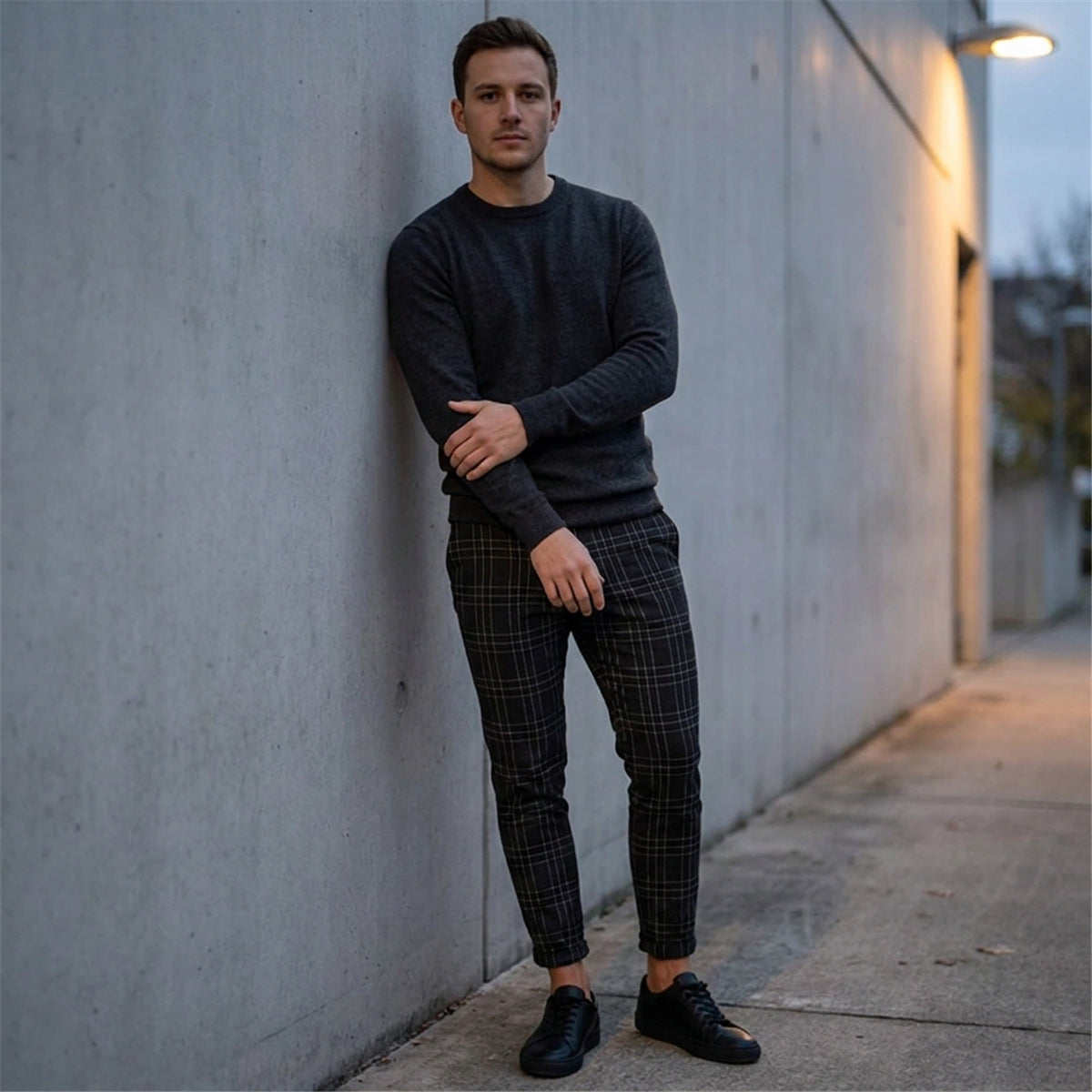 Men's Slim-Fit Plaid Trousers - Tapered Ankle-Length Check Pants