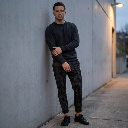 Men's Slim-Fit Plaid Trousers - Tapered Ankle-Length Check Pants