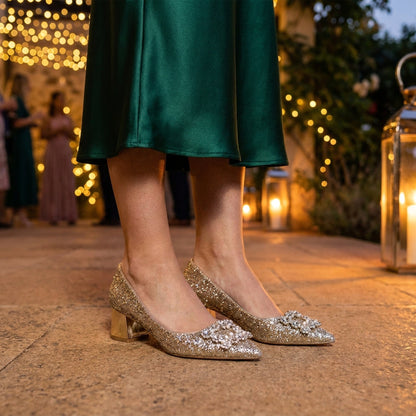 Rhinestone Wedding Shoes – Glitter Block Heel Pumps with Crystal Bow Buckle for Weddings and Parties