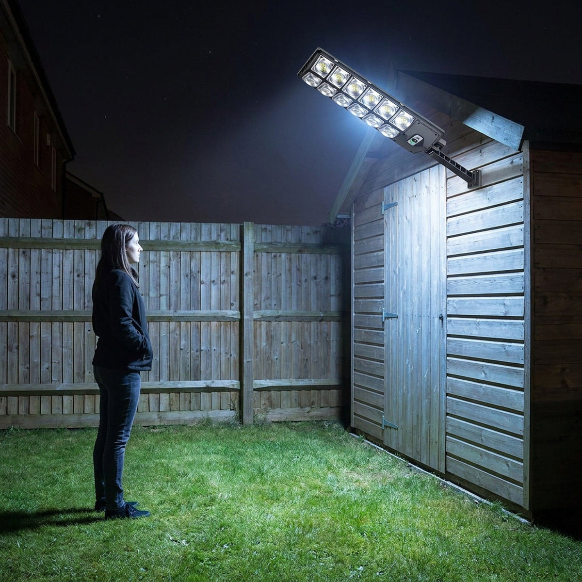504-LED Solar Motion Sensor Light – Remote Control, 3 Lighting Modes + SOS Flash, Fold-Out Wall Bracket, Cool White