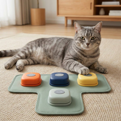 Dog Talking Buttons – Recordable Communication Training Buttons for Dogs & Cats – Set of 4 with Non-Slip Mat & Stickers