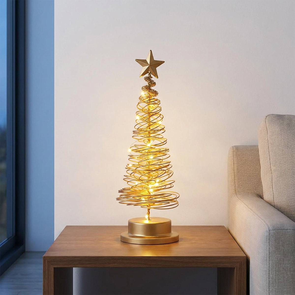 Spiral Christmas Tree Table Lamp – Gold Wire Tabletop Tree with Star Topper, Battery Operated LED