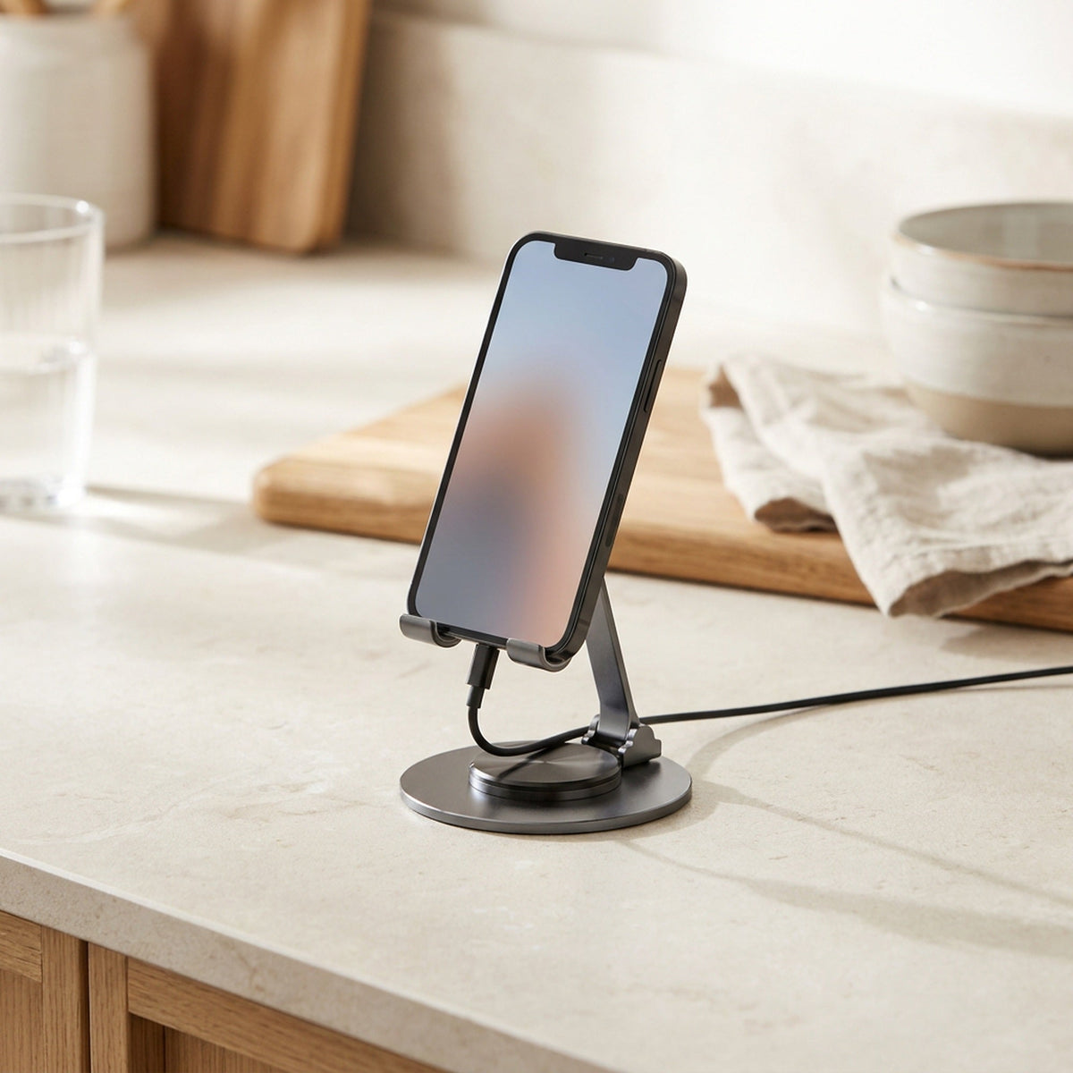 360° Swivel Phone Stand — Folding Metal Desk Holder with Rotating Base, Adjustable Height and Tilt
