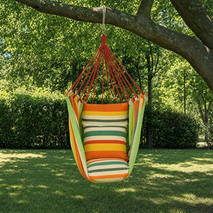 Striped Hammock Chair – Hanging Rope Swing Seat with Cushions for Porch, Patio, Bedroom & Camping