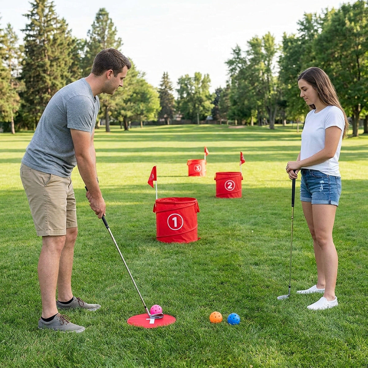 Backyard Golf Chipping Game – Portable Yard Golf Target Set with Pop-Up Buckets, Numbered Flags, Tee Markers & Carry Bag