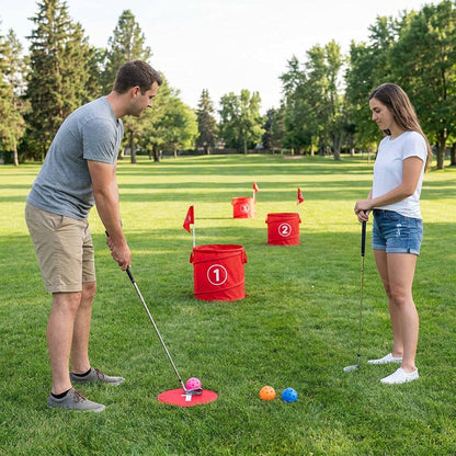 Backyard Golf Chipping Game – Portable Yard Golf Target Set with Pop-Up Buckets, Numbered Flags, Tee Markers & Carry Bag
