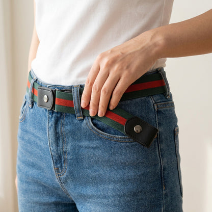Buckle-Free Stretch Belt for Women - Flat Elastic Waist Belt with Snap Tabs, No Buckle Bulge