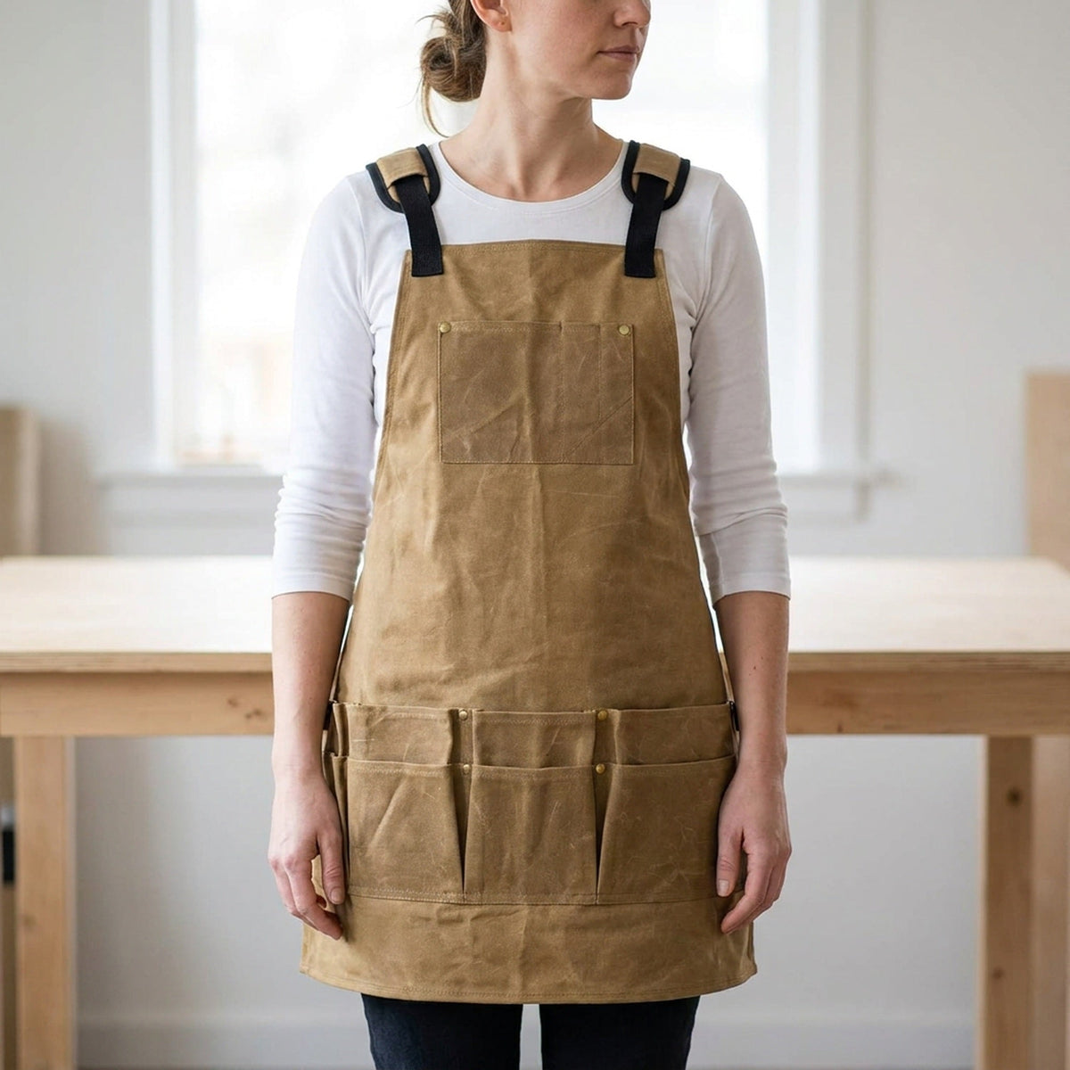 Waxed Canvas Work Apron with Tool Pockets - Heavy Duty Woodworking Shop Apron, Cross-Back Straps