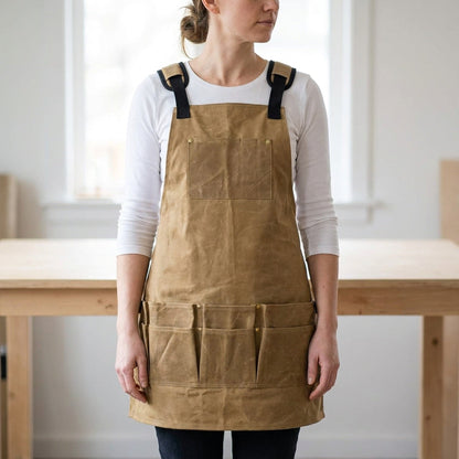 Waxed Canvas Work Apron with Tool Pockets - Heavy Duty Woodworking Shop Apron, Cross-Back Straps