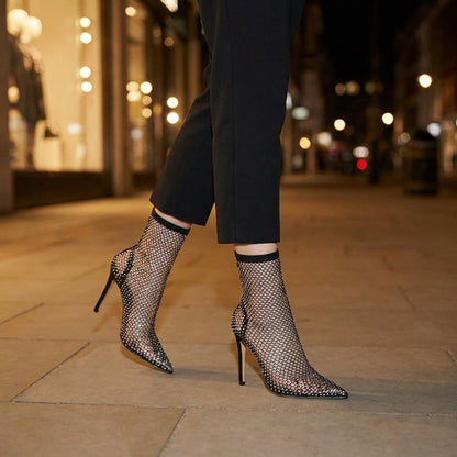 Rhinestone Fishnet Sock Heels – Black Mesh Pointed-Toe Stiletto Boots