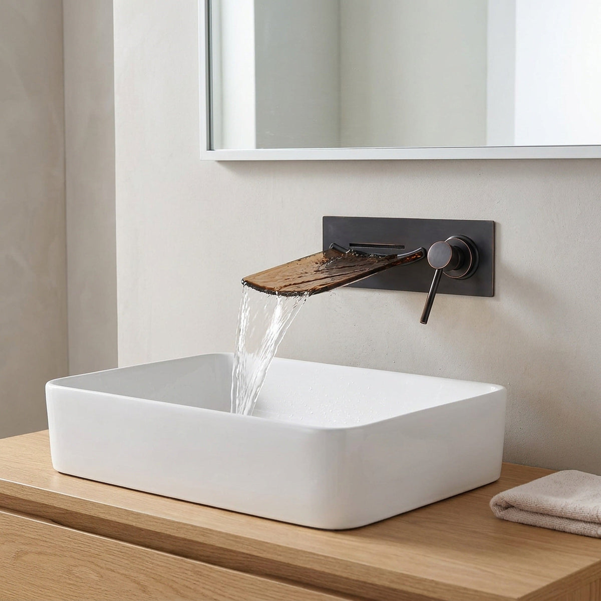 ORB Black Waterfall Faucet – Glass Spout Wall-Mounted Bathtub Mixer Tap for Modern Bathroom Aesthetics