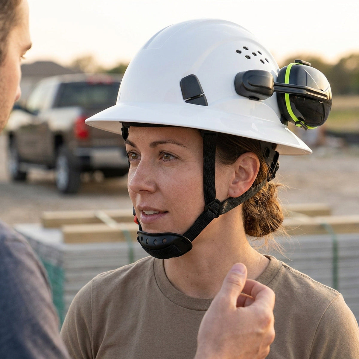 Full Brim Hard Hat with Built-In Eye Shield & Earmuffs – Vented HDPE Safety Helmet, ANSI Z89.1 Type I Class C