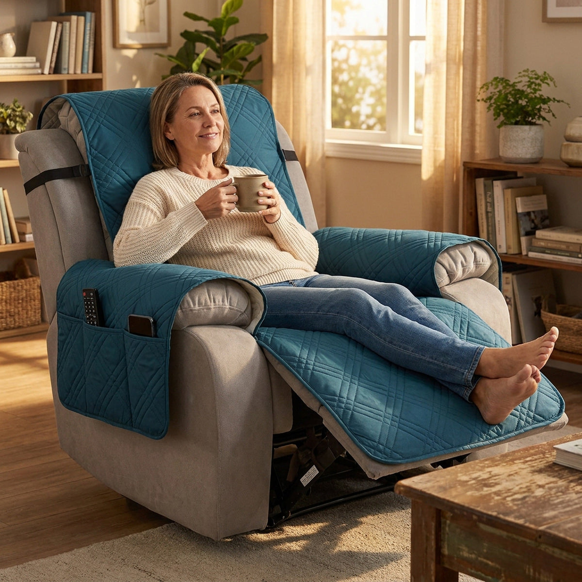 Waterproof Non-Slip Recliner Cover – One-Piece Chair Protector with Side Pockets