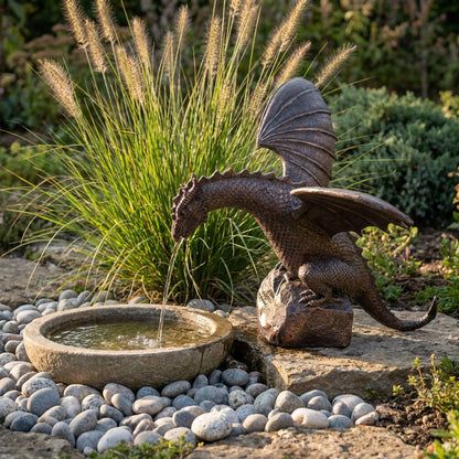 Fire-Breathing Dragon Fountain Statue – Bronze-Finish Resin Garden Sculpture