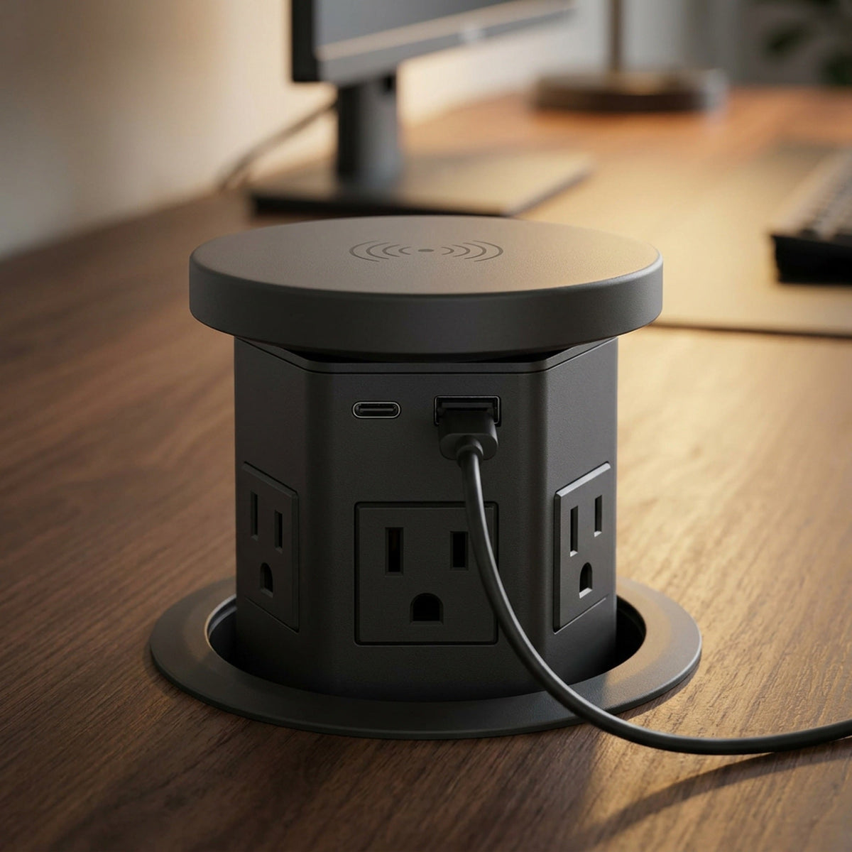 Automatic Pop-Up Desk Socket Tower – Hidden Power Hub with USB-C, Wireless Charging & Global Plug Support