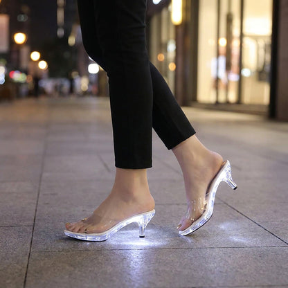 Crystal Clear Women's LED Kitten Heel Sandals – Light-Up Transparent Slide Heels for Nightclubs & Parties