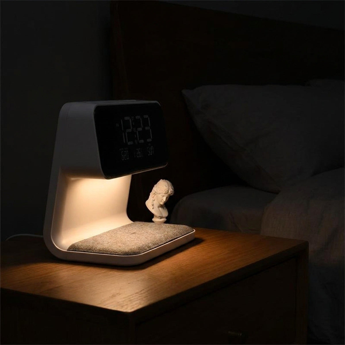 Creative 3-in-1 Bedside Lamp – Wireless Phone Charger & Smart Alarm with LCD Display for a Sleek, All-in-One Nightstand Upgrade