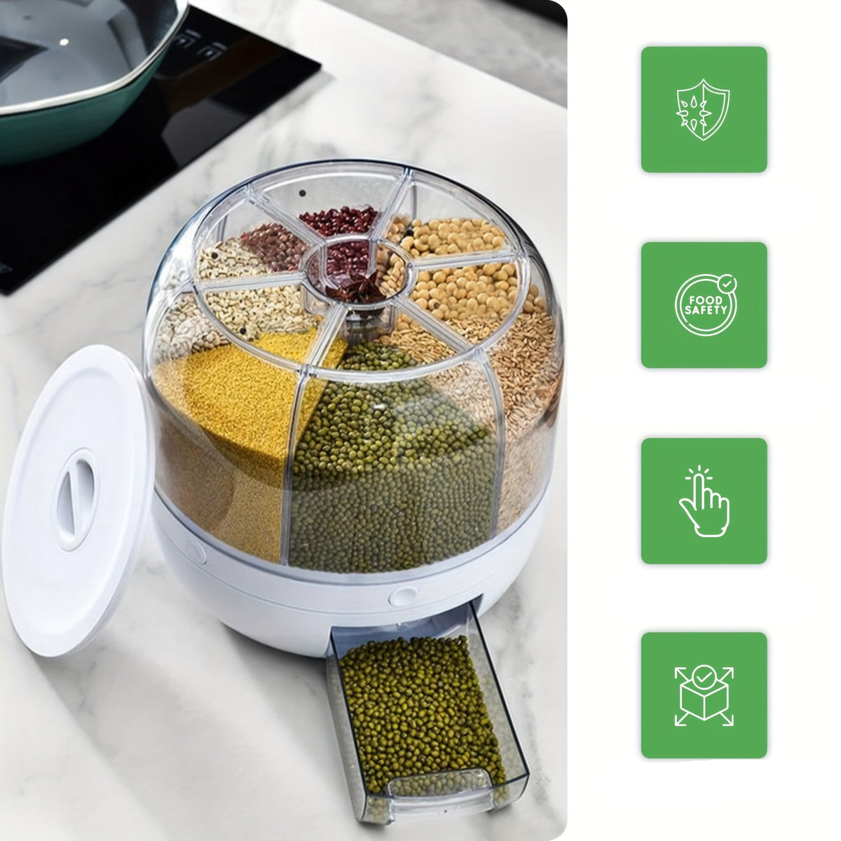 Six Compartment Rotating Cereal Dispenser – Dry Food Storage Organizer for Kitchen, Easy Access, and Space-Saving Pantry Design