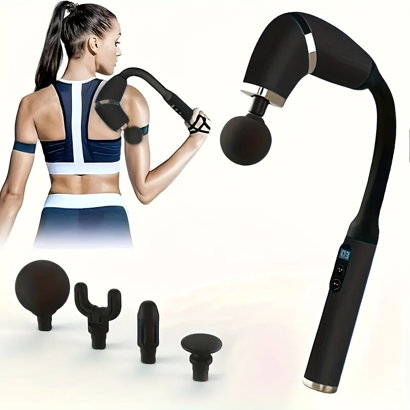 Rechargeable Deep Tissue Massage Gun – Long U-Shaped Handle with 4 Heads for Full-Body Relief, Muscle Recovery & Pain Therapy