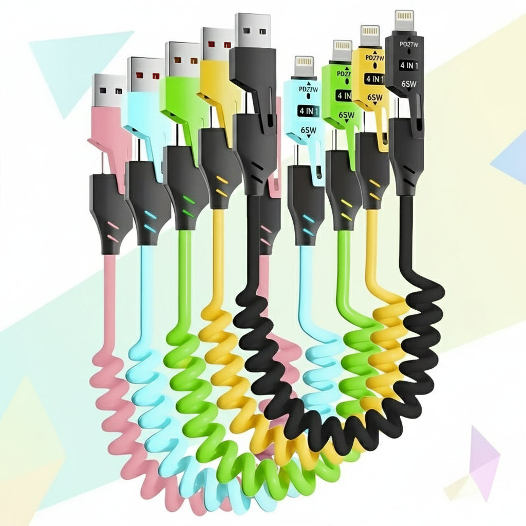 Retractable Charging Cable – 65W 4-in-1 Zinc Alloy High-Speed Universal Charger for iPhone, Samsung, Huawei, and More