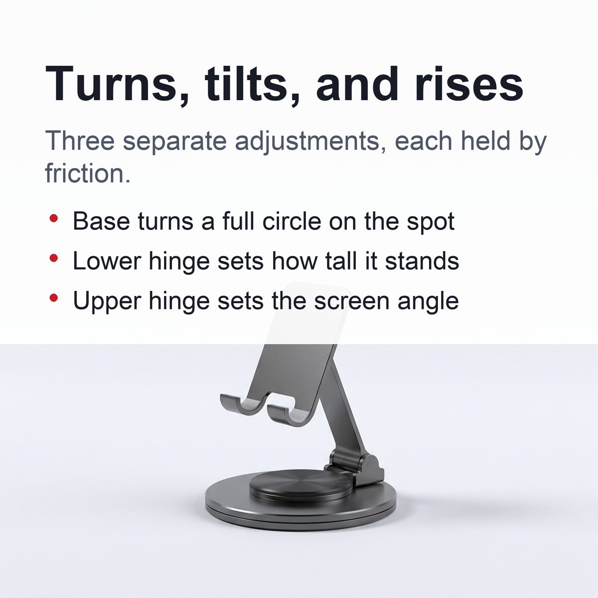 360° Swivel Phone Stand — Folding Metal Desk Holder with Rotating Base, Adjustable Height and Tilt