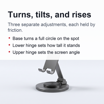 360° Swivel Phone Stand — Folding Metal Desk Holder with Rotating Base, Adjustable Height and Tilt