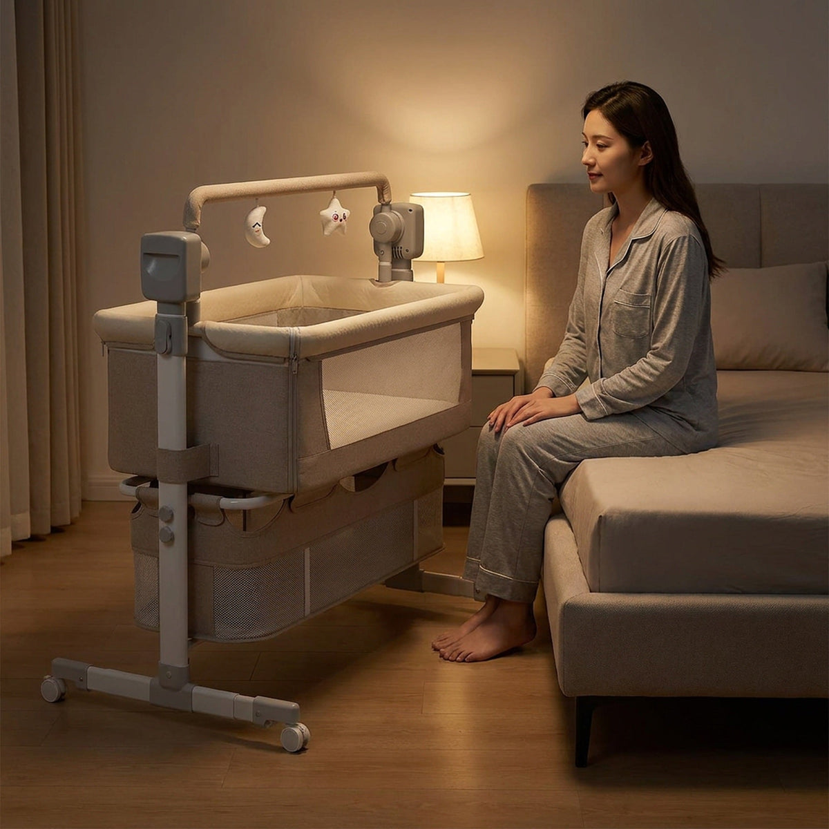 Portable Electric Bassinet - Rolling Baby Bassinet with Remote-Controlled Rocking, Fold-Down Side and Bluetooth Sound