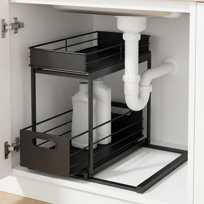 Two Tier Pull-Out Under Sink Organizer – Sliding Cabinet Shelf Storage for Kitchen or Bathroom, Space-Saving and Easy Access for Cleaning Supplies