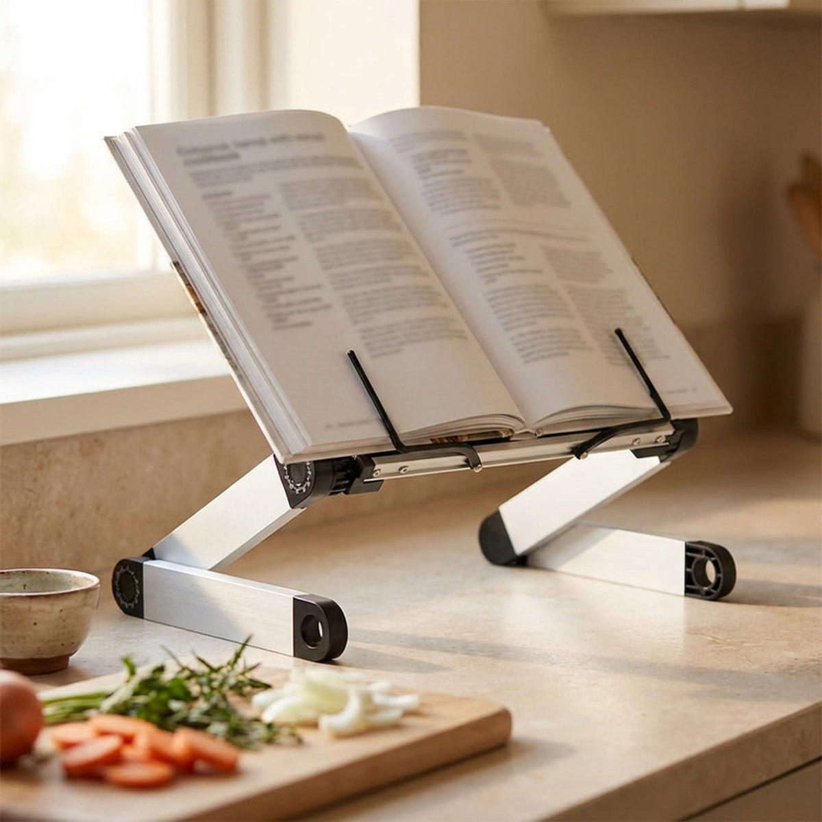 Adjustable Book Stand - Aluminum Folding Reading Holder with Page Arms for Study, Cookbooks and Tablets