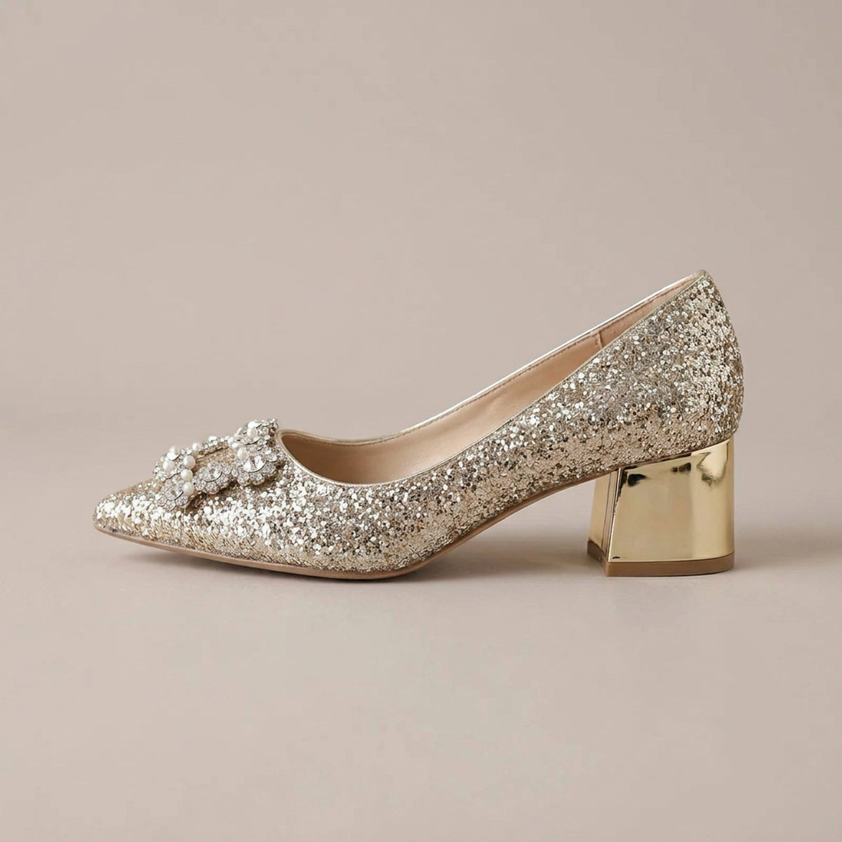 Rhinestone Wedding Shoes – Glitter Block Heel Pumps with Crystal Bow Buckle for Weddings and Parties